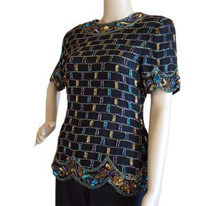 Adrianna Papell 100% Silk Beaded Sequin Evening Blouse Women's XS Vintage 80's